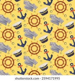 Marine seamless pattern with captain's hat, anchor, striped sailor suit and steering wheel. Trendy print on a nautical theme with elements for yachting. Vector background for fabric.