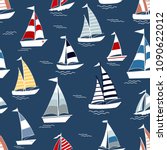 Marine seamless pattern with cartoon boats on blue background