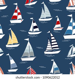 Marine Seamless Pattern With Cartoon Boats On Blue Background