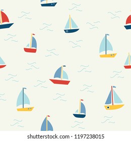 Marine seamless pattern with cartoon boats on white background. Background for boys