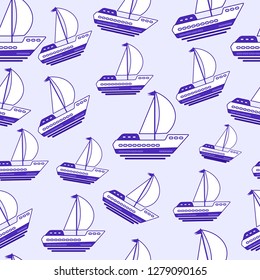 Marine seamless pattern with cartoon boats on a light background. Vector graphics.