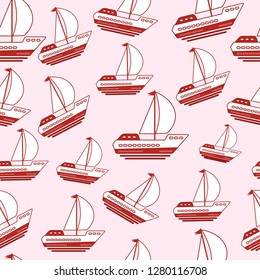 Marine seamless pattern with cartoon boats on a light background. Vector graphics.