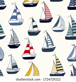 Marine seamless pattern with cartoon boats on white background