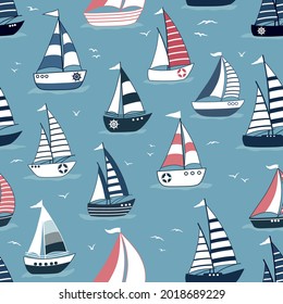 Marine seamless pattern with cartoon boats and silhouettes of birds on blue background