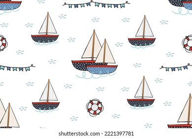 Marine seamless pattern with cartoon boats on white background. Cute ships in Scandinavian style on a white background. Fishing boat vector illustration. Vector hand-drawn.