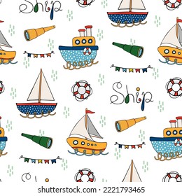 Marine seamless pattern with cartoon boats on white background. Cute ships in Scandinavian style on a white background. Fishing boat vector illustration. Vector hand-drawn.