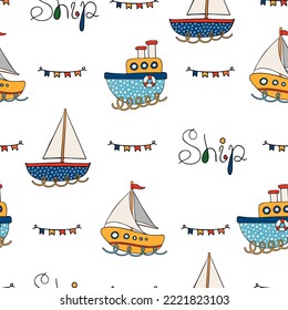 Marine seamless pattern with cartoon boats on white background. Cute ships in Scandinavian style on a white background. Fishing boat vector illustration. Vector hand-drawn.