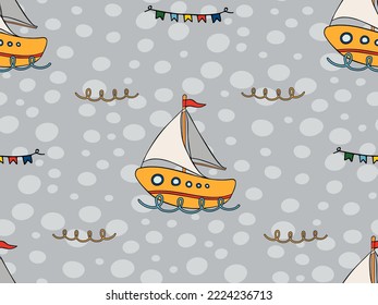 Marine seamless pattern with cartoon boats on white background. Cute ships in Scandinavian style on a white background. Fishing boat vector illustration. Vector hand-drawn.