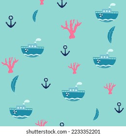 Marine seamless pattern with cartoon boats on blue background,