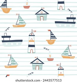 Marine seamless pattern with cartoon boats, lighthouse on strip background. 