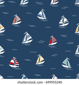 Marine seamless pattern with cartoon boats on blue background