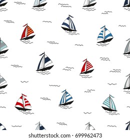 Marine seamless pattern with cartoon boats on white background