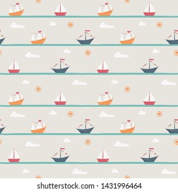 Marine seamless pattern with cartoon colorful boats. Vector print for fabric, card. Vintage style