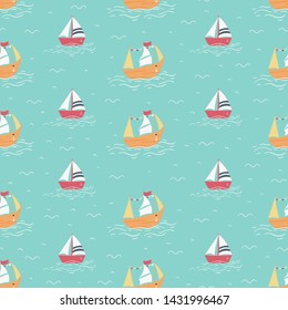 Marine seamless pattern with cartoon colorful boats. Vector print for fabric, card. Vintage style