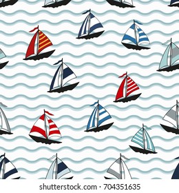 Marine seamless pattern with cartoon colorful boats 