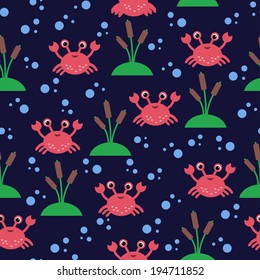 Marine seamless pattern with cartoon crabs and seaweed. vector illustration