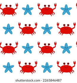 Marine seamless pattern with cartoon crabs and starfish. Inhabitants of the underwater world on a white background. Vector.