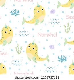 marine seamless pattern with cartoon cute narwhals, childish texture for fabric, textile, nursery, wrapping, vector Illustration in flat style