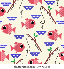 Marine seamless pattern with cartoon fish and algae. vector illustration