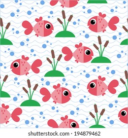 Marine seamless pattern with cartoon fish and algae. vector illustration