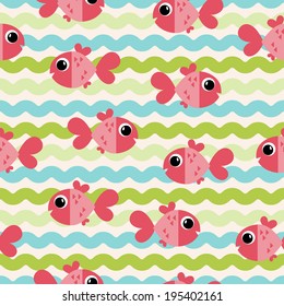 Marine seamless pattern with cartoon fish and algae. vector illustration