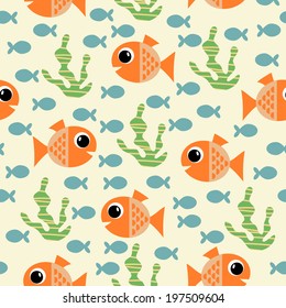 Marine seamless pattern with cartoon fish and algae. vector illustration