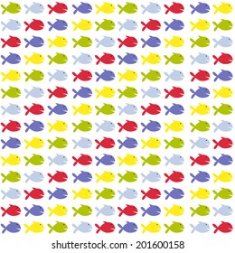 Marine seamless pattern with cartoon fish and algae. vector illustration