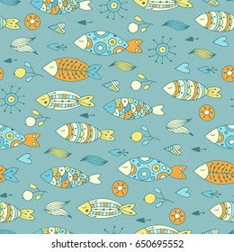 Marine seamless pattern with cartoon fish.