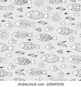 Marine seamless pattern with cartoon fish.