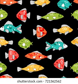 Marine seamless pattern with cartoon fish.