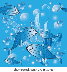Marine seamless pattern. Cartoon hand drawn fishes. Blue water background with glowing bubbles, seeweeds, water plants, love hearts. Abstract underwater background. Repeat aquarium backdrop. 