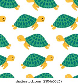 Marine seamless pattern with cartoon sea turtles. Endless bacgkround with underwater animals. 