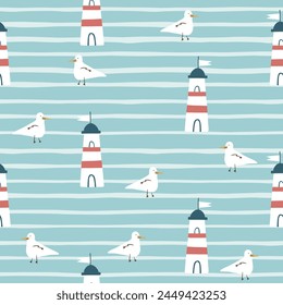 Marine seamless pattern with cartoon seagull and lighthouse on strip background. 