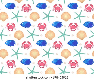 Marine seamless pattern, cartoon style. Underwater world, sea life  infinite background. Starfish, shell, fishes repeating texture. Vector illustration