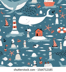 Marine seamless pattern. Childish illustration in simple hand-drawn Scandinavian style. Cute animals and fish. Whales, sharks, seagulls, etc. Lighthouse, Nordic house, ships.