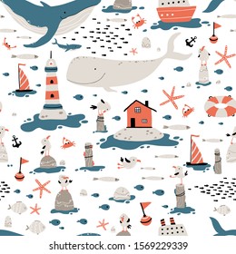 Marine seamless pattern. Childish illustration in simple hand-drawn Scandinavian style. Cute animals and fish. Whales, sharks, seagulls, etc. Lighthouse, Nordic house, ships.