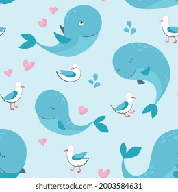 Marine seamless pattern. Childish illustration and print. Cute whales and seagulls with hearts. For baby clothes, interior, packaging. Vector cartoon illustration in pastel colors.