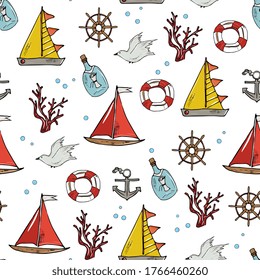 marine seamless pattern. Children's background, sea voyage, adventure. Ship, anchor, jellyfish, lighthouse, shells.