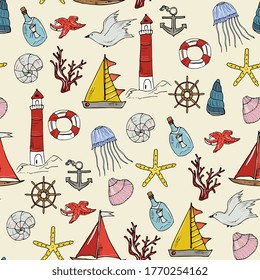 marine seamless pattern. Children's background, sea voyage, adventure. Ship, anchor, jellyfish, lighthouse, shells.