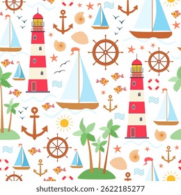 Marine seamless pattern for children's fabric. Yachts, islands with palm trees, fish, compass, anchor, steering wheel, shells, starfish, sun, waves and lifebuoy on a white background in vector.