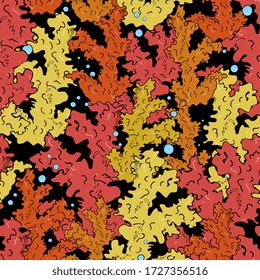 Marine seamless pattern with colored corals. Underwater world, coral reef. Background for fabric, clothes, packaging, aquariums.