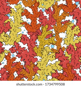 Marine seamless pattern with colored corals. Underwater world, coral reef. Background for fabric, clothes, packaging, aquariums.