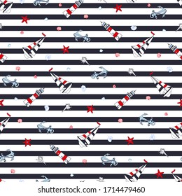 Marine seamless pattern with colored elements on a striped background.