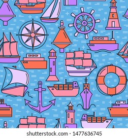 Marine seamless pattern in colored line style with ships and nautical symbols. Ocean and sea travel repeating background. Vector illustration.