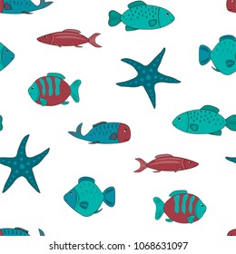 Marine seamless pattern with colorful fish and starfish. Vector.