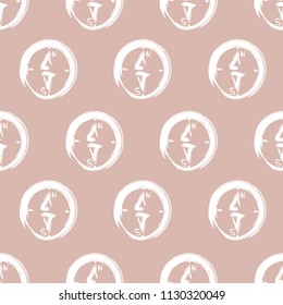 Marine seamless pattern with compasses on brown background. Hand drawn vector illustration.