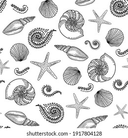 Marine seamless pattern. Contour. Coloring book. Vector sea background.