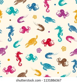 Marine Seamless Pattern with Contours of Underwater Creatures