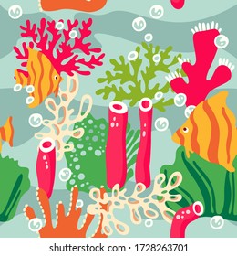 Patrón marino sin soldadura con corales, algas y peces tropicales. Ilustración del vector