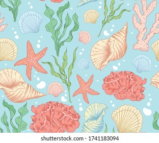 marine seamless pattern with corals, shells and algae